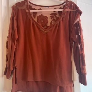 Free People Elegant Rust Sheer Floral Embroidered Top SMALL